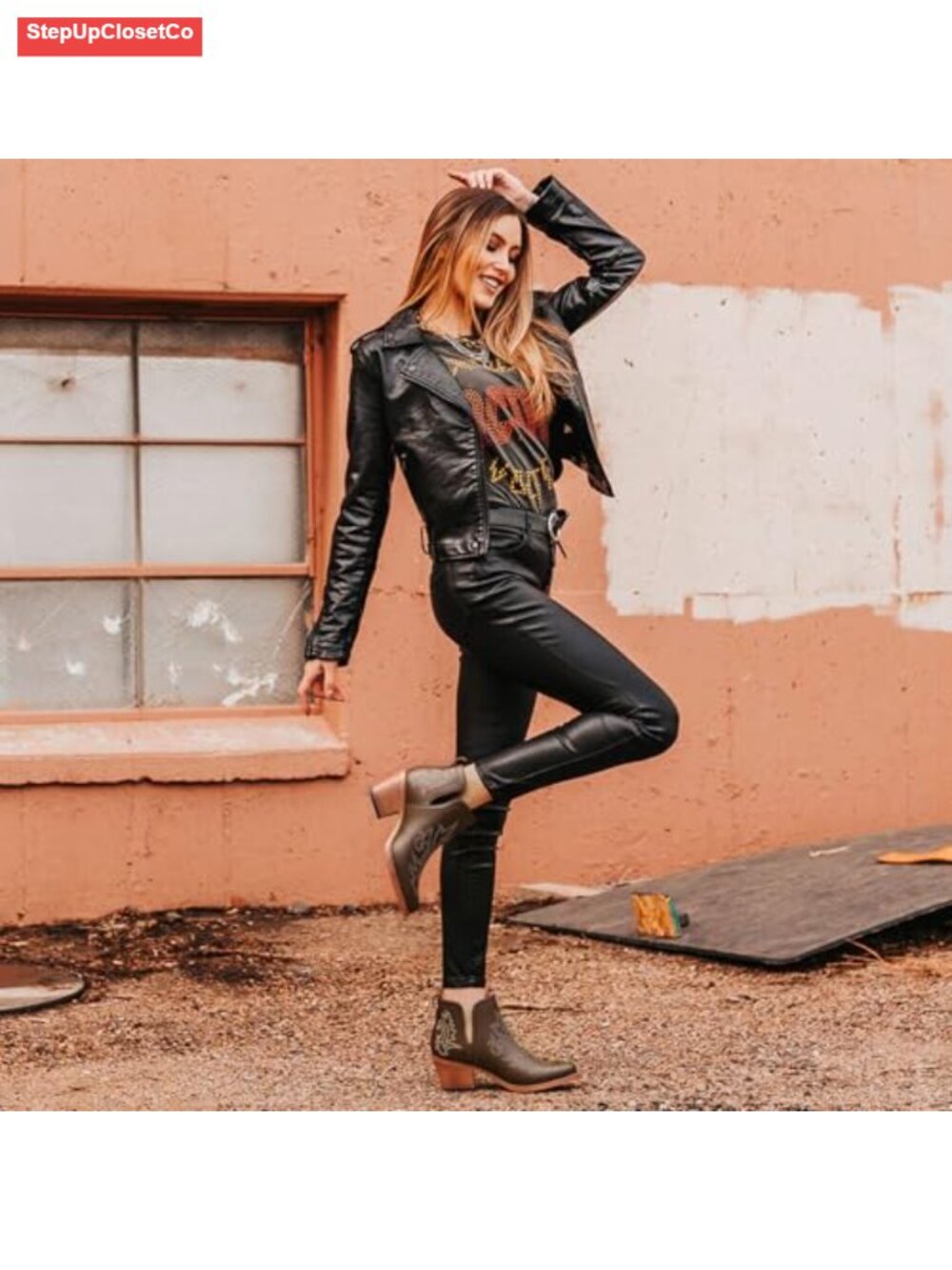 Women's Cowgirl Ankle Boots with Chunky Heel, Square Toe, Vegan Leather - Picture 5 of 6